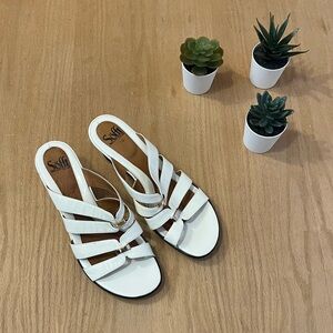 Sofft Wedge Strappy Patent Leather Sandals in Ivory / White